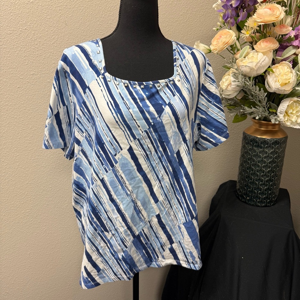 Alfred Dunner Blue Stripe Patchwork Embellished Top Short Sleeve Cotton L